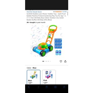 $29.99 Amazon.com: SLOOSH Bubble Lawn Mower Toddler Toys - Spill-Proof Bubble Machine Pretend Gardening Play Toy for Age 1 2 3 1-3 Year Old Baby Boys Indoor Outdoor Use, Easter Basket Stuffers Birthday Gifts
