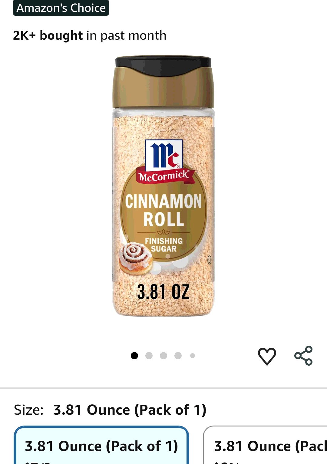 Amazon.com : McCormick Finishing Sugar, Cinnamon Roll, Blend of Cinnamon and Warm Spices, Delicious on French Toast, Oatmeal, Muffins, & Cookies, Great Addition to Coffee and Other Warm Beverages, 3.8