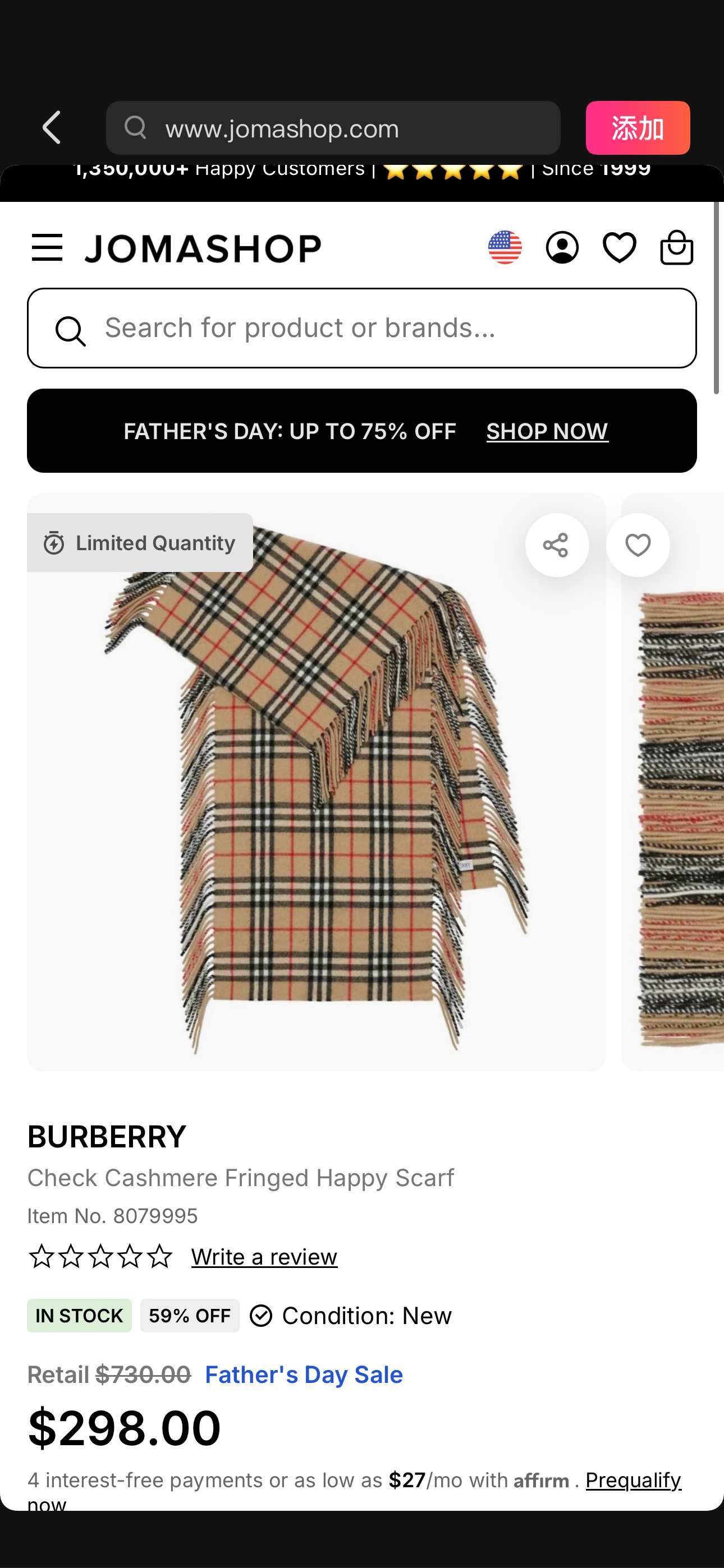 Burberry Check Cashmere Fringed Happy Scarf 8079995 5045704806409 - Jomashop