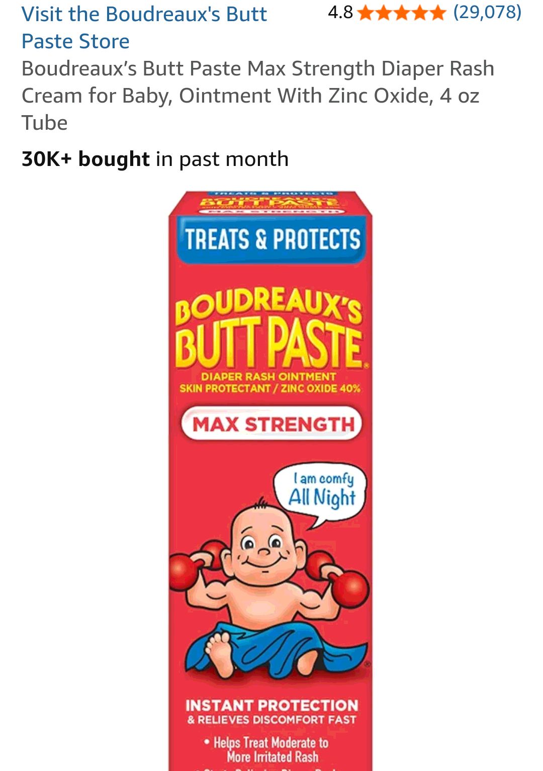 Boudreaux’s Butt Paste Max Strength Diaper Rash Cream for Baby, Ointment With Zinc Oxide, 4 oz Tube : Baby