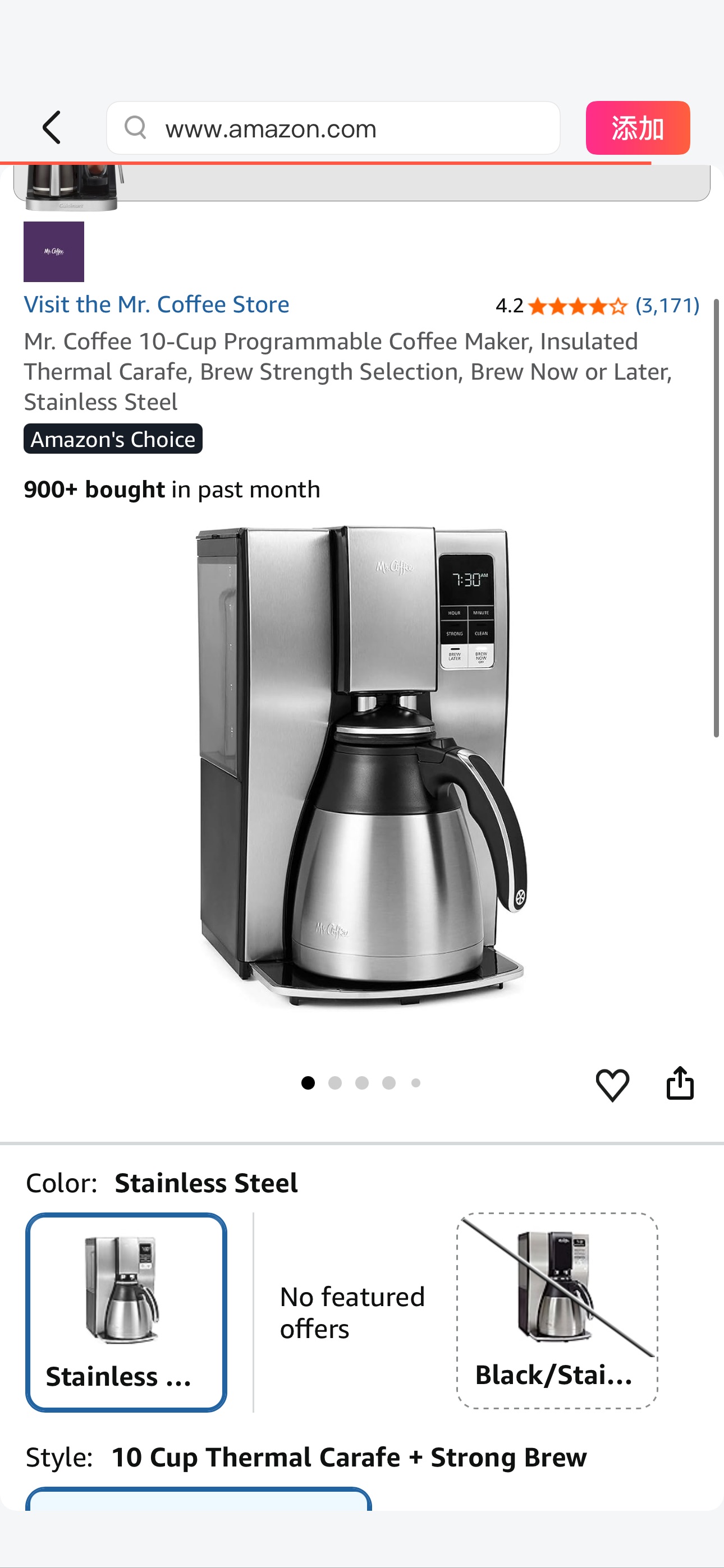 Amazon.com: Mr. Coffee 10-Cup Programmable Coffee Maker, Insulated Thermal Carafe, Brew Strength Selection, Brew Now or Later, Stainless Steel : Everything Else