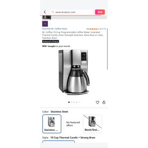 $79.99 Amazon.com: Mr. Coffee 10-Cup Programmable Coffee Maker, Insulated Thermal Carafe, Brew Strength Selection, Brew Now or Later, Stainless Steel : Everything Else