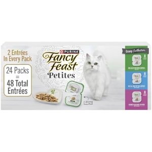 $14.04 Amazon.com : Purina Fancy Feast Gourmet Wet Cat Food Variety Pack, Petites Gravy Collection, break-apart tubs, 48 servings - (Pack of 24) 2.8 oz. Tubs : Pet Supplies