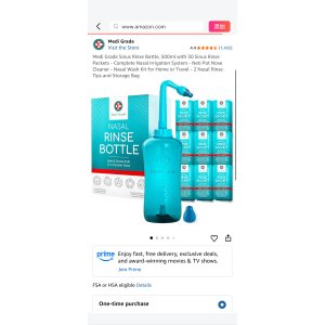 $9.98 Amazon.com: Medi Grade Sinus Rinse Bottle, 500ml with 30 Sinus Rinse Packets - Complete Nasal Irrigation System - Neti Pot Nose Cleaner - Nasal Wash Kit for Home or Travel - 2 Nasal Rinse Tips and Sto
