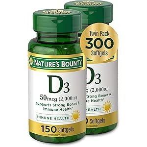 $7.47 Amazon.com: Nature's Bounty Vitamin D3, Supports Immune System and Bone Health, 50mcg, 150 Softgels (Pack of 2) : Health & Household