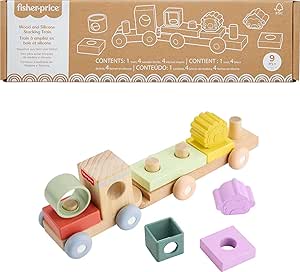 Amazon.com: Fisher-Price Wood Baby Toy Stacking Train, 9-Piece Activity with Silicone &amp; Wooden Blocks for Infants &amp; Toddlers Ages 9+ Months : Toys &amp; Games