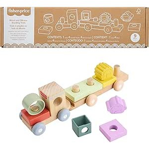$12.49 Amazon.com: Fisher-Price Wood Baby Toy Stacking Train, 9-Piece Activity with Silicone & Wooden Blocks for Infants & Toddlers Ages 9+ Months : Toys & Games