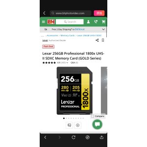 $129 Lexar 256GB Professional 1800x UHS-II SDXC LSD1800256G-BNNNU B&H