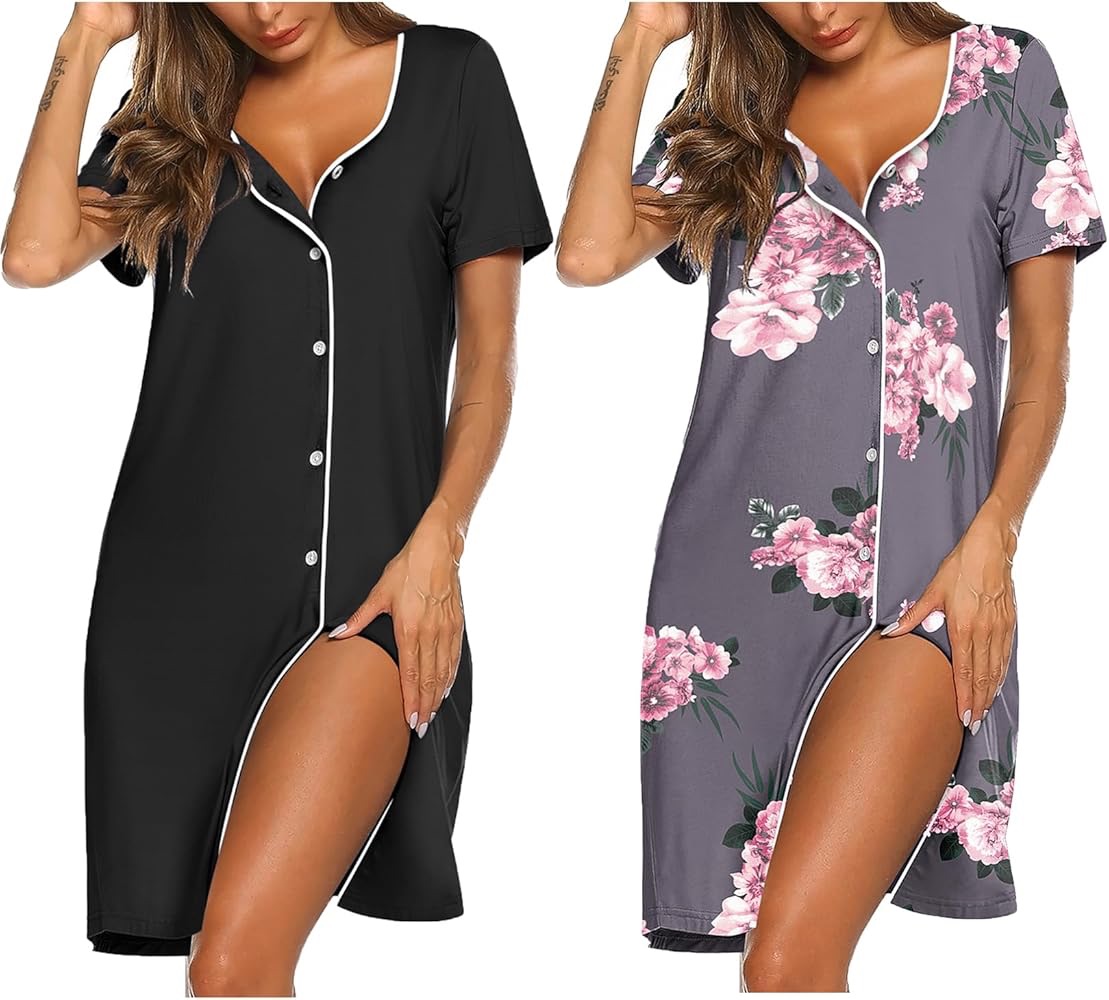 Ekouaer Nightgowns for Women 2 Pack Button Down Sleepshirt Short Sleeve Nightshirt Soft Sleepwear V Neck Pajama Dress Black/Grey Floral M at Amazon Women’s Clothing store