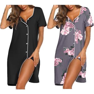 $22.48 Ekouaer Nightgowns for Women 2 Pack Button Down Sleepshirt Short Sleeve Nightshirt Soft Sleepwear V Neck Pajama Dress Black/Grey Floral M at Amazon Women’s Clothing store