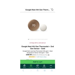 $189.99 Google Nest 4th Gen Thermostat + 2nd Gen Sensor - Gold