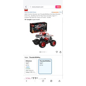 $22.39 Amazon.com: LEGO Technic Monster Jam ThunderROARus Pull-Back Monster Truck Toy - Building Toy for Kids, Boys and Girls, Ages 7+ - Creative Gift Idea for Lovers of Trucks - 42200 : Toys & Games 乐高怪兽车