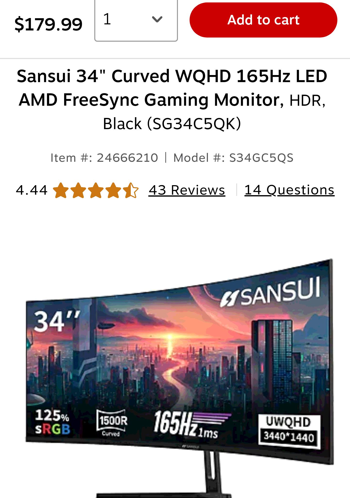 Sansui 34" Curved WQHD 165Hz LED AMD FreeSync Gaming Monitor, HDR, Black (SG34C5QK) | Staples