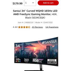 $179.99 Sansui 34  Curved WQHD 165Hz LED AMD FreeSync Gaming Monitor, HDR, Black (SG34C5QK) | Staples