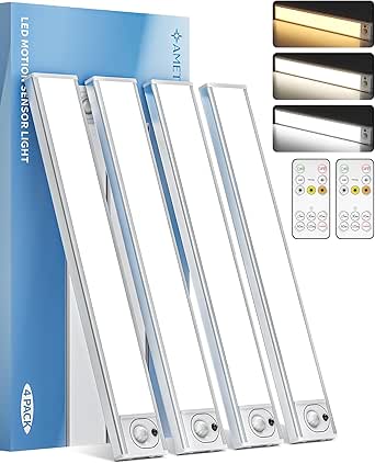 AMETHEUS 12inch Under Cabinet Lighting with Remote, 2400mAh Rechargeable Motion Sensor Light Indoor, Wireless Closet Lights, Dimmable, 3 Color Temps, Magnetic for Kitchen, Stairs (4 Pack) - 