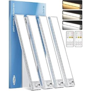 $20.73 AMETHEUS 12inch Under Cabinet Lighting with Remote, 2400mAh Rechargeable Motion Sensor Light Indoor, Wireless Closet Lights, Dimmable, 3 Color Temps, Magnetic for Kitchen, Stairs (4 Pack) - 