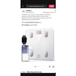$20.99 Amazon.com: FITINDEX Smart Scale for Body Weight, FSA&HSA Eligible, Scale with BMI, Body Fat, Muscle Mass, Bluetooth,13 Body Composition Analyzer, Sync APP, Digital Bathroom, 400lb, White