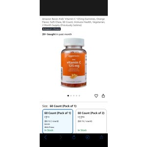 $7.18 Amazon.com: Amazon Basics Kids  Vitamin C 125mg Gummies, Orange Flavor, Soft Chew, 60 Count, Immune Health, Vegetarian, 2 Month Supply (Previously Solimo)