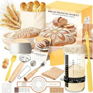 $26.98 Amazon.com: Sourdough Starter Kit, Sourdough Bread Baking Supplies, Round & Oval Banneton Bread Proofing Basket, Bread Sling, Starter Jar, Dough Whisk, Scrapers, Stencils & Bag, Complete Sourdough Kit