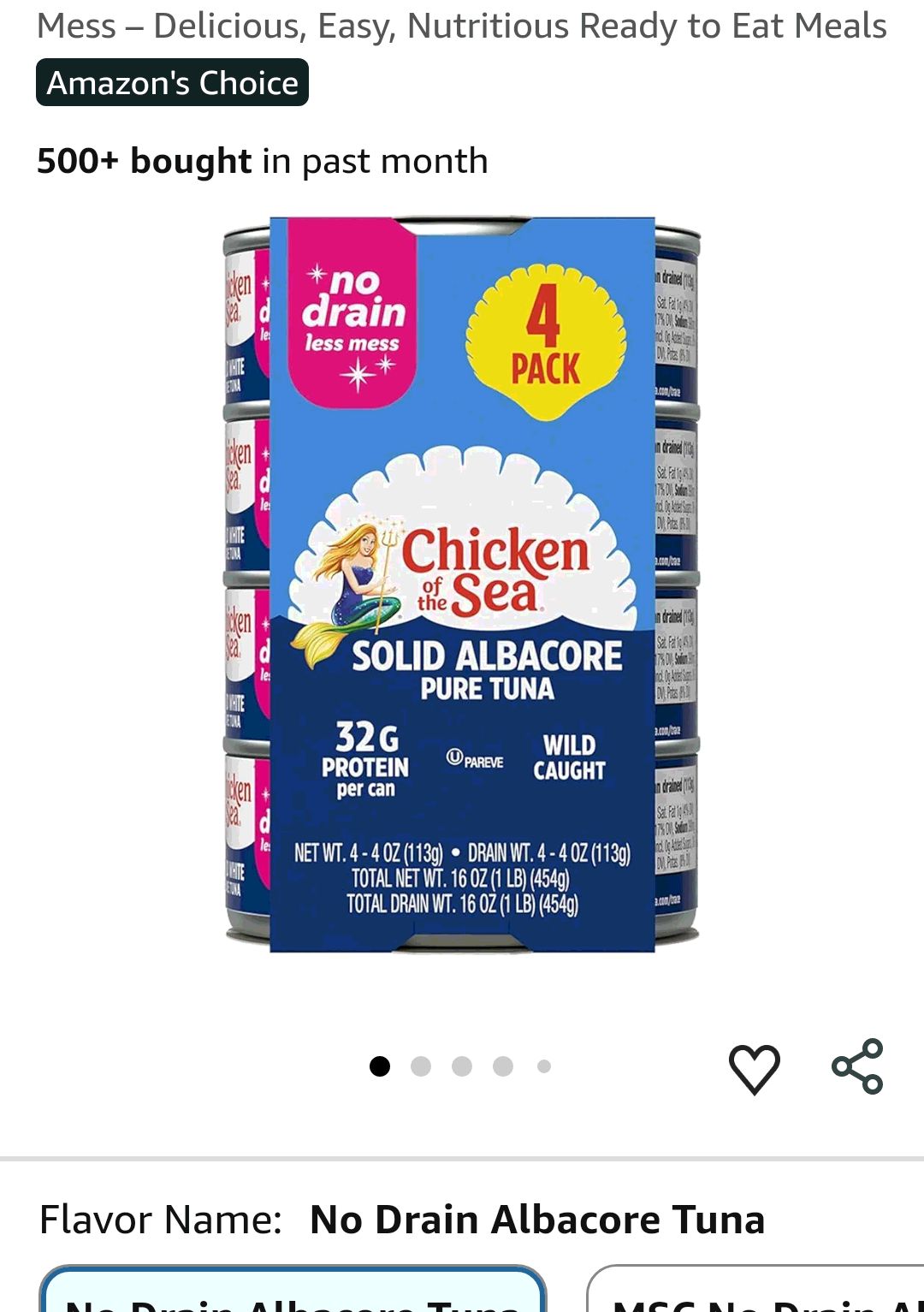 Amazon.com : Chicken of the Sea Wild Caught Solid White Pure Albacore, No Drain, 4 oz Cans, 4-Count – High Protein 100% Classic Tuna in No Drain Can for Less Mess – Delicious, Easy, Nutritious Ready t