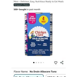 $4.22 Amazon.com : Chicken of the Sea Wild Caught Solid White Pure Albacore, No Drain, 4 oz Cans, 4-Count – High Protein 100% Classic Tuna in No Drain Can for Less Mess – Delicious, Easy, Nutritious Ready t