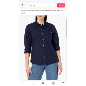 $32.22 Nautica Womens Button Front Long Sleeve Roll Tab Shirt, Night Sky, Medium at Amazon Women’s Clothing store