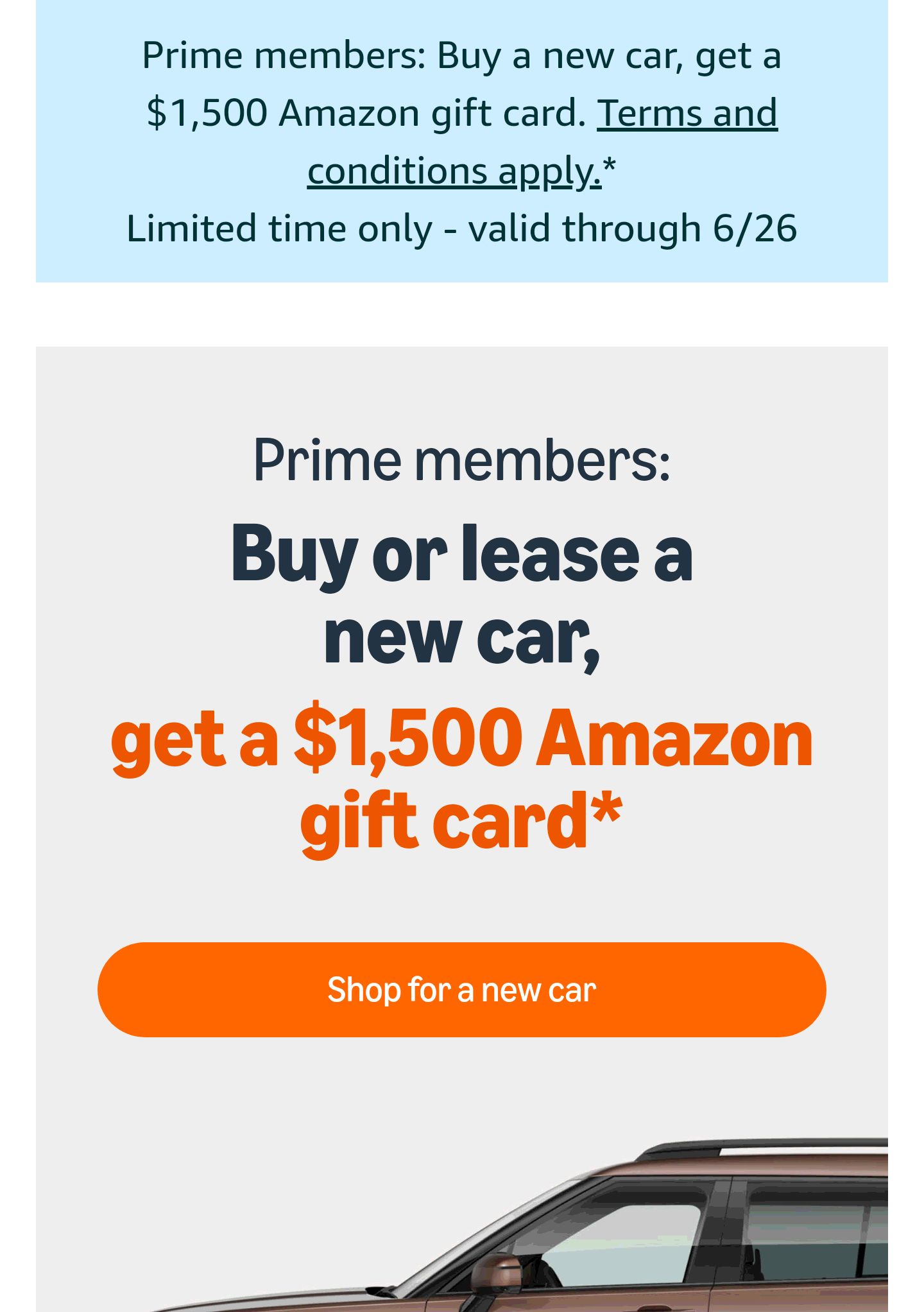 Amazon Prime Members: Get a $1,500 Amazon Gift Card When You Buy or Lease a New Car
