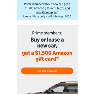  Amazon Prime Members: Get a $1,500 Amazon Gift Card When You Buy or Lease a New Car
