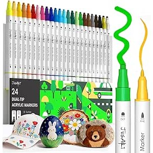 $6.99 Amazon.com: JusArt 24 Colors Acrylic Paint Markers, Dual Tip Coloring Markers with Dot and Fine Tip for Rock, Fabric, Wood, Glass, Ceramic, Canvas, Vibrant Art Supplies and DIY Crafts Art Su