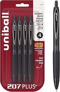 Amazon.com: Uni-Ball 207+ Black Retractable Gel Pens 4 Pack with Micro 0.5mm Points, Uni-Ball Click Pens are Fraud Proof and the Best Office, School, and Bible Pens : Office Products
