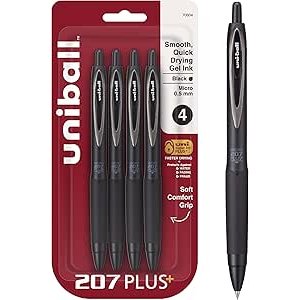 $4.26 Amazon.com: Uni-Ball 207+ Black Retractable Gel Pens 4 Pack with Micro 0.5mm Points, Uni-Ball Click Pens are Fraud Proof and the Best Office, School, and Bible Pens : Office Products