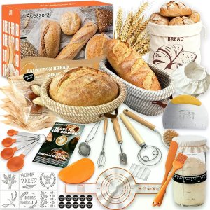 $20.89 Acessorz Sourdough Bread Baking Supplies,Sourdough Starter Kit,2 Cotton Rope Banneton Proofing Basket,Bread Proofing Basket Making Tool Kit,Sour Dough Kit Tools,Baking Gifts for Women,Bakers,Wife,Mom 