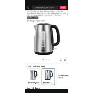 $21.99 Amazon.com: COMFEE  Stainless Steel Electric Kettle, 1.7 Liter Tea Kettle Electric & Hot Water Kettle, 1500W Fast Boil with LED Light, Auto Shut-Off and Boil-Dry Protection