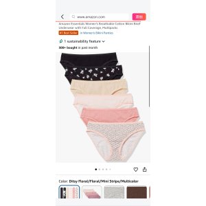 $3.9 Amazon.com: Amazon Essentials Women s Breathable Cotton Bikini Brief Underwear with Full Coverage, Pack of 6, Ditsy Floral/Floral/Mini Stripe/Multicolor, X-Small : Clothing, Shoes & Jewelry