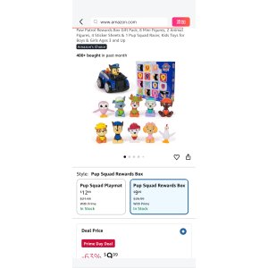 $9.99 Amazon.com: Paw Patrol Rewards Box Gift Pack, 8 Mini Figures, 2 Animal Figures, 4 Sticker Sheets & 1 Pup Squad Racer, Kids Toys for Boys & Girls Ages 3 and Up : Baby