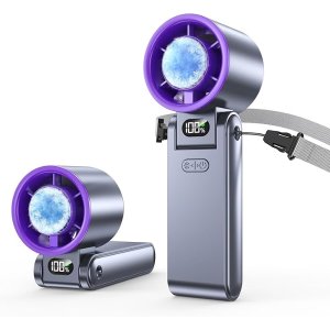 $15.99 Amazon.com: Hihvls Portable Handheld Fan with Ice Cooler, 199 Speed Personal Fan,5500mAh Rechargeable,20H Cooling Time,20000 RPM Powerful Motor, Summer Essential for Travel/Outdoor/Office, Grey Purple