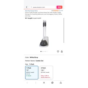 $5.67 Amazon.com: Clorox Toilet Plunger and Brush Bowl Set with Holder Caddy Storage for Cleaning Bathroom and Unclogging Toilets, White and Gray : Home & Kitchen