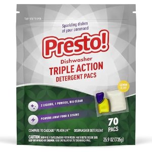 $7.11 Amazon.com: Amazon Brand - Presto! Triple Action Dishwasher Pacs, Lemon Scent, 70 Count : Everything Else