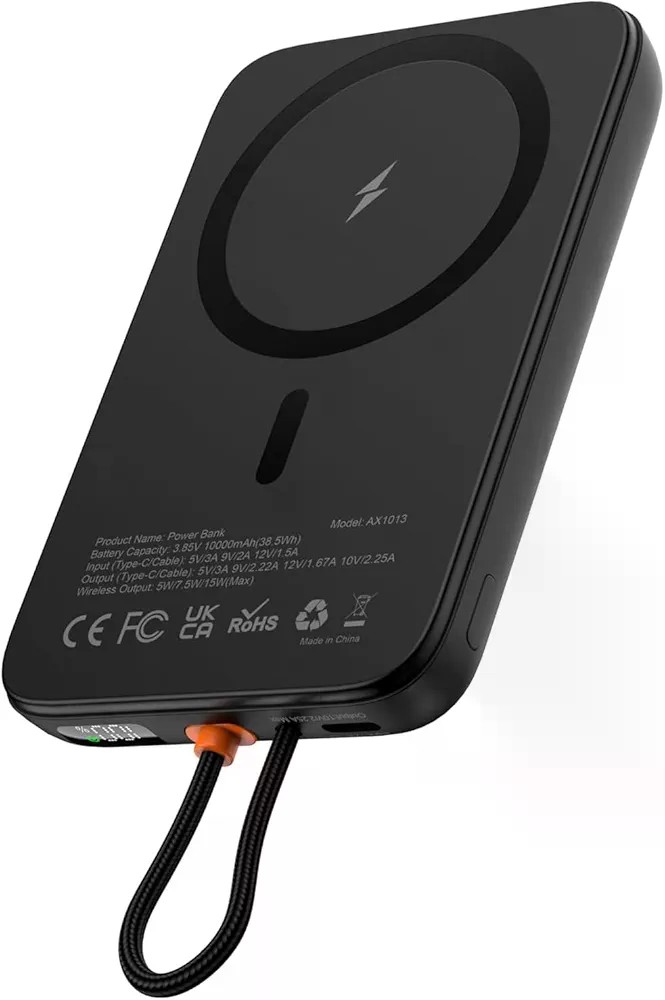 AsperX Magnetic Power Bank, 10,000mAh Magnetic Battery Pack Built-in USB C Cable 22.5W PD Fast Charging, LCD Display, Wireless Portable Charger Compatible with iPhone 17/16/15/14/13/12 Series- Black :