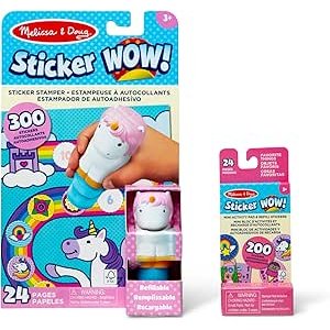 $11.33 Amazon.com: Melissa & Doug Sticker Wow!™ Unicorn Bundle: 24-Page Activity Book, Refillable Sticker Stamper, Mini Pad, 500 Stickers, Arts and Crafts for Kids Ages 3+ : Toys & Games