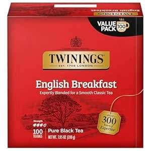 $6.81 Amazon.com : Twinings English Breakfast Black Tea Individually Wrapped Bags, 100 Count (Pack of 1), Smooth, Flavourful, and Robust, Caffeinated, Enjoy Hot or Iced, 100 Teabags : Black Teas :