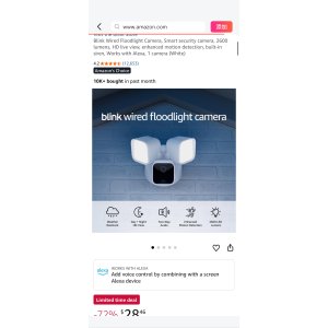 $28.46 Amazon Official: Blink Wired Floodlight Camera – Smart security camera, 2600 lumens, HD live view, enhanced motion detection, built-in siren, Works with Alexa – 1 camera (White)