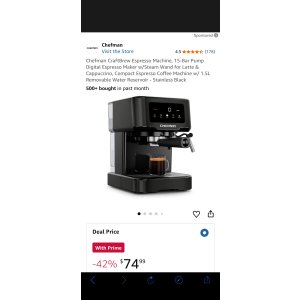 $74.99 Amazon.com: Chefman CraftBrew Espresso Machine, 15-Bar Pump Digital Espresso Maker w/Steam Wand for Latte & Cappuccino, Compact Espresso Coffee Machine w/ 1.5L Removable Water Reservoir - Stainless Bl