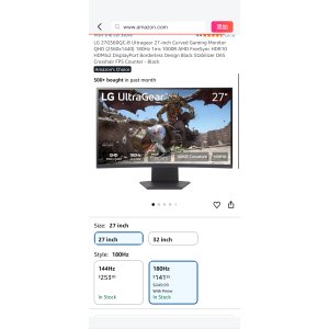 $141.55 Amazon.com: LG 27GS60QC-B Ultragear 27-inch Curved Gaming Monitor QHD (2560x1440) 180Hz 1ms 1000R AMD FreeSync HDR10 HDMIx2 DisplayPort Borderless Design Black Stabilizer DAS Crosshair FPS Counter - B