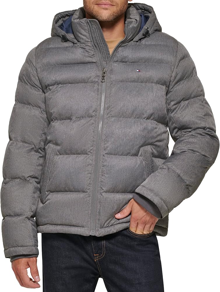 Tommy Hilfiger Men's Hooded Puffer Jacket, Heather Grey, 2X at Amazon Men’s Clothing store