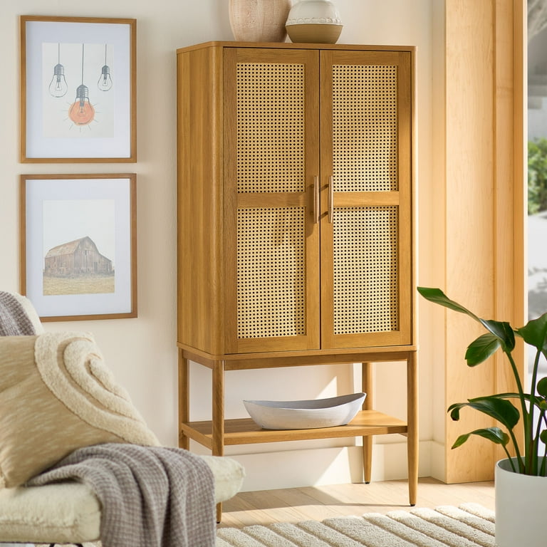 "Free Shipping! Better Homes & Gardens Tall Rattan Storage Cabinet, Light Honey Finish, 31.50""x18.03""x65.98" - Walmart.com