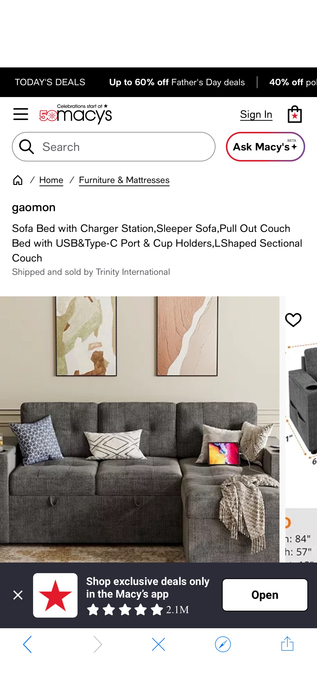 gaomon Sofa Bed with Charger Station,Sleeper Sofa,Pull Out Couch Bed with USB&Type-C Port & Cup Holders,LShaped Sectional Couch - Macy's