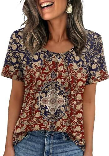 WIHOLL Wine Tops for Women Short Sleeve Blouses Dressy Casual Plus Size Fashion Clothing 2026 Summer Vacation Outfits Boho Print S at Amazon Women’s Clothing store