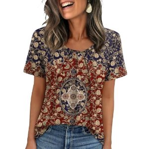 $9.99 WIHOLL Wine Tops for Women Short Sleeve Blouses Dressy Casual Plus Size Fashion Clothing 2026 Summer Vacation Outfits Boho Print S at Amazon Women’s Clothing store