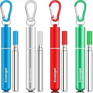$8.88 Amazon.com: Ecoangel Cruise Ship Essentials,4-Pack reusable Collapsible Stainless Steel Drinking Straws with Aluminum Case,Cleaning Brush,and Keychains-Silver,Blue,Red,Green : Home & Kitchen